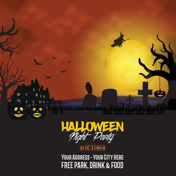 Happy halloween social media banner design with haunted house, silhouette tree pumpkins, bats, grave