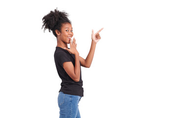 Beautiful african american wear jeans an afro hairstyle smiling charming and posing present something isolated on white background