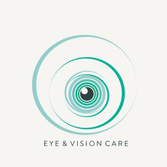 Eye logo, ophthalmology office.Medical icon for vision care.Green ring-shaped iris with pupil in center.Circular sign isolated on light background.Ocular, optic symbol.