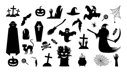 Creepy monsters and sinister ritual items silhouette. Sinister halloween vampires and ghosts with gloomy dead trees. Dead mens hands sticking out of graves with cobwebs and festive vector sweets