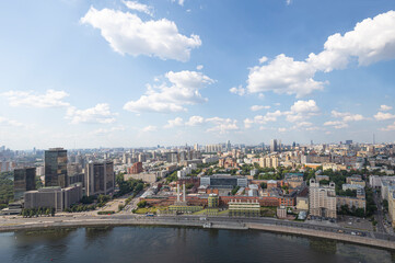 Fototapeta na wymiar Aerial view of center of Moscow from observation deck located on the 33rd floor of the Radisson Collection Hotel (historical name Hotel Ukraina), Russia