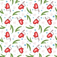Seamless pattern of red Santa Claus mittens