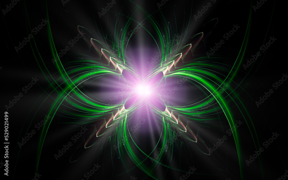 Aufkleber abstract illustration of a computer generated fantastic flower of various shapes and shades on a black background for use in symbology, signs for digital design and graphics
