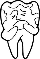 Root tooth cartoon character with problem and solution. Dental care for healthy teeth. Medical professional checkup and treatment. Hand drawn illustration. Comic personage with emotions vector drawing