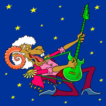 Funny ram is a rock musician in a suit with epaulettes. Vector color illustration isolated on blue. Cartoon ram plays the electric guitar. © Ilmar
