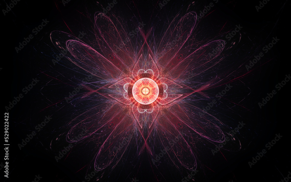 Aufkleber abstract illustration of a computer generated fantastic flower of various shapes and shades on a black background for use in symbology, signs for digital design and graphics
