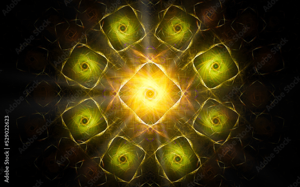 Aufkleber abstract illustration of a computer generated fantastic emblem in various shapes and shades on a black background for use in symbology, signs for digital design and graphics