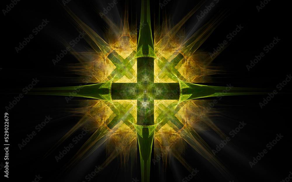 Poster abstract illustration of a computer generated fantastic emblem in various shapes and shades on a bla