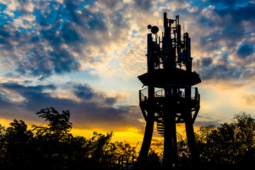 Transmission and lookout tower in Balatonkenese in the evening