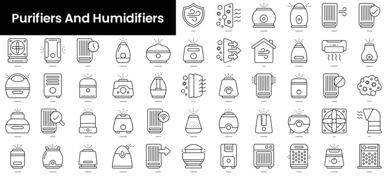 Set of outline purifiers and humidifiers icons. Minimalist thin linear web icons bundle. vector illustration.