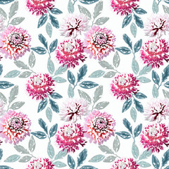 Fototapeta na wymiar Seamless retro floral pattern with watercolor effect. Pink, red flowers on a white background.