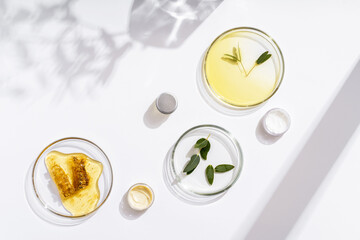 Alternative natural medicine and glassware, flasks and petri bowl. Alternative medicine herbs....