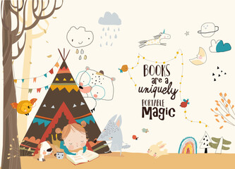 Cute Girl reading Book with Animals in a Teepee Tent in Autumn Park © Maria Starus