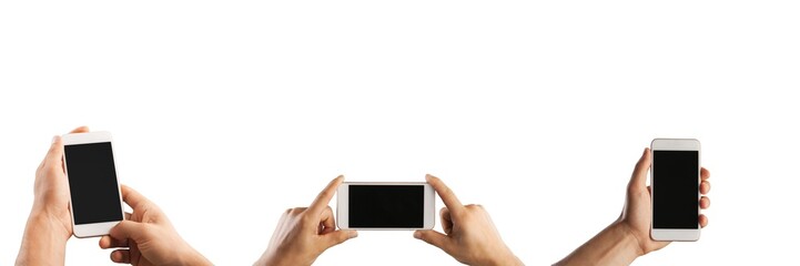 Human holding mobile phone in hand, set of different angles
