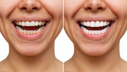 Cropped shot of a young caucasian smiling woman before and after veneers  installation isolated on a white background. Teeth whitening. Dentistry, dental treatment