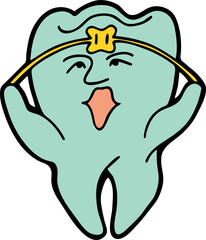 Root tooth cartoon character with problem and solution. Dental care for healthy teeth. Medical professional checkup and treatment. Hand drawn illustration. Comic personage with emotions vector drawing