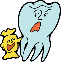 Root tooth cartoon character with problem and solution. Dental care for healthy teeth. Medical professional checkup and treatment. Hand drawn illustration. Comic personage with emotions vector drawing