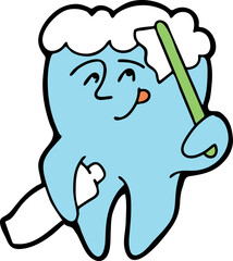 Root tooth cartoon character with problem and solution. Dental care for healthy teeth. Medical professional checkup and treatment. Hand drawn illustration. Comic personage with emotions vector drawing