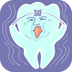 Root tooth cartoon character with problem and solution. Dental care for healthy teeth. Medical professional checkup and treatment. Hand drawn illustration. Comic personage with emotions vector drawing