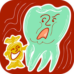 Root tooth cartoon character with problem and solution. Dental care for healthy teeth. Medical professional checkup and treatment. Hand drawn illustration. Comic personage with emotions vector drawing