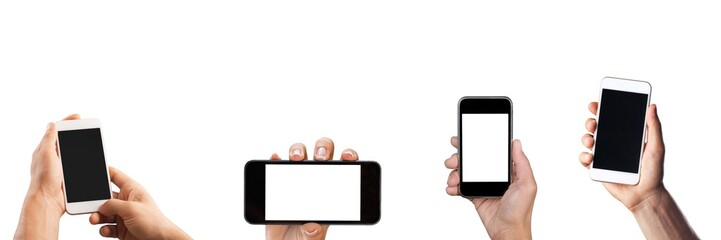 Human holding mobile phone in hand, set of different angles