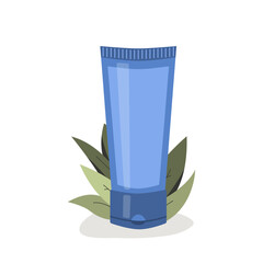 Tube cosmetics on plant background. Concept of tools beauty and skin care, shampoo, cream, balm, eco, cleanser. Vector flat illustration.
