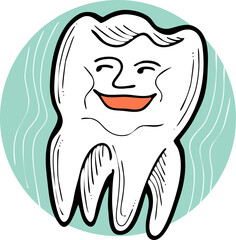 Root tooth cartoon character with problem and solution. Dental care for healthy teeth. Medical professional checkup and treatment. Hand drawn illustration. Comic personage with emotions vector drawing