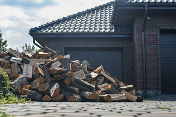 Stack of freshly cut firewood unloaded on the yard of the house. Getting ready for winter season