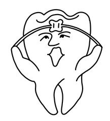 Root tooth cartoon character with problem and solution. Dental care for healthy teeth. Medical professional check up and treatment. Hand drawn illustration. Comic personage with emotions style drawing