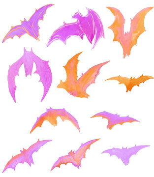 Bats Set Halloween Aesthetic Neon orange pink Handmade painting transparent background