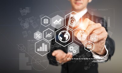 Work safety concept. Businessman touching the icon of  safety at workplace. Working standard process. Zero accidents.