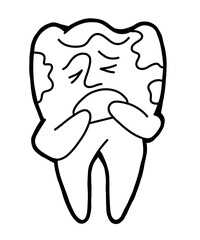 Root tooth cartoon character with problem and solution. Dental care for healthy teeth. Medical professional check up and treatment. Hand drawn illustration. Comic personage with emotions style drawing