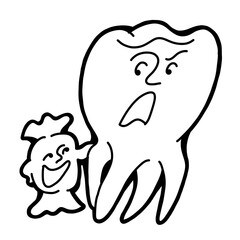 Root tooth cartoon character with problem and solution. Dental care for healthy teeth. Medical professional check up and treatment. Hand drawn illustration. Comic personage with emotions style drawing