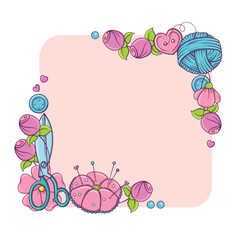 Square banner template for hand made, knitting, sewing. Frame with sewing and knitting attributes in doodle style.