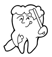 Root tooth cartoon character with problem and solution. Dental care for healthy teeth. Medical professional check up and treatment. Hand drawn illustration. Comic personage with emotions style drawing