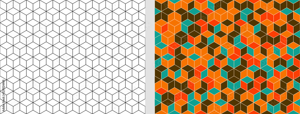 Poster geometric cube seamless pattern in black and white and retro colors. cube line abstract design textu