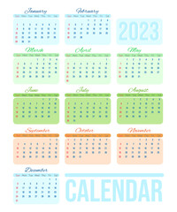 Annual calendar 2023 template. 2023 year Calendar vector illustration. The week starts on Sunday.