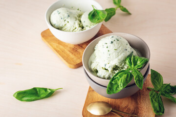 Basil ice cream in a bowl.