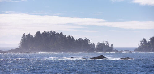Rugged Rocks on a rocky shore on the West Coast of Pacific Ocean. Summer Morning Sky. Ucluelet, Vancouver Island, British Columbia, Canada. Nature Background
