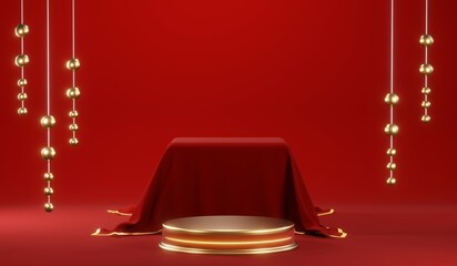 3D rendering of blank product background for cream cosmetics Modern red podium background