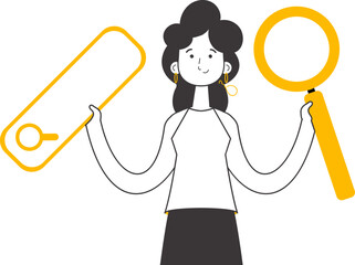 The girl is holding a magnifying glass in her hands. Search concept. Lines modern style. Isolated. Vector.