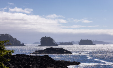 Rugged Rocks on a rocky shore on the West Coast of Pacific Ocean. Summer Morning Sky. Ucluelet, Vancouver Island, British Columbia, Canada. Nature Background