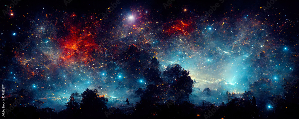 Poster abstract space landscape with planets and flashes of stars and comets in blue and red colors