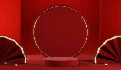 3D rendering of blank product background for cream cosmetics Modern red podium background