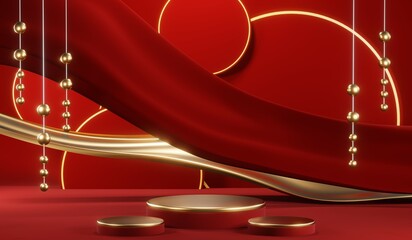 3D rendering of blank product background for cream cosmetics Modern red podium background