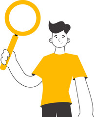 The guy is holding a magnifying glass in his hands. Search concept. Line art style. Isolated. Vector.