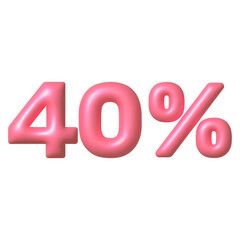 Sale 3D icon. Pink glossy 40 percent discount vector sign. 3d vector realistic design element.