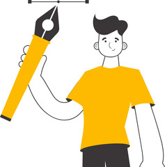 The designer guy holds a pen tool for 2D graphics in his hand. Linear trendy style. Isolated. Previous illustration.