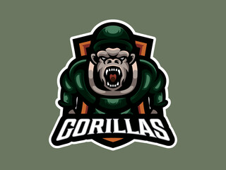 E-sport Team Logo with Gorilla Soldier Vector Illustration
