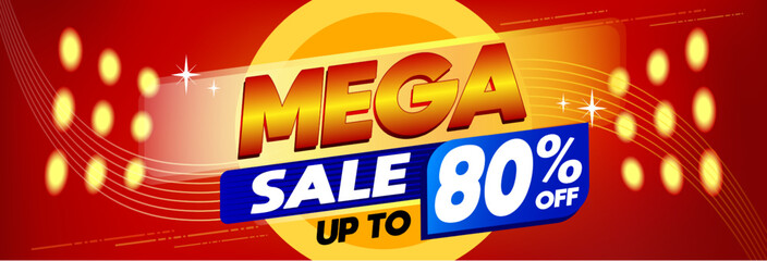 Mega sale 80 percent off promotional banner discount with elements and red background